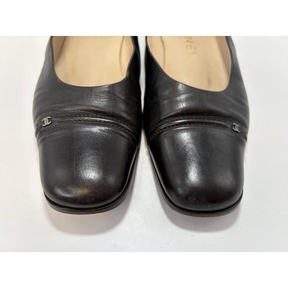 Chanel Square Toe Low Heel Black Leather Classic CC Logo Pumps EU Sz 35.5 5.5 - Picture 4 of 12